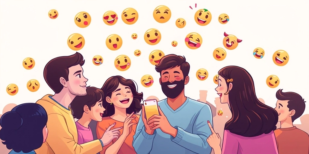 Joyful group of friends collaborating on an emoji story, feeling connected.