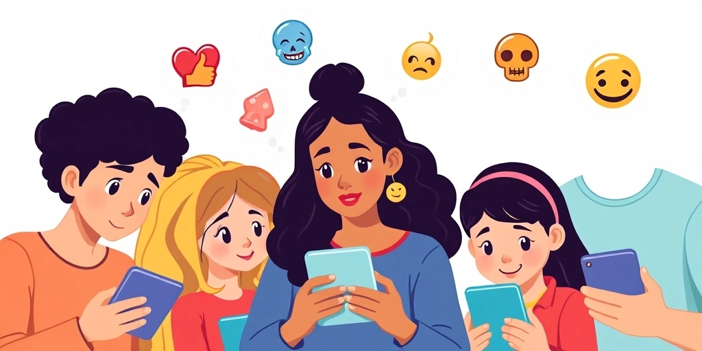 A group of friends looking at their phones, some puzzled, some smiling, reflecting different interpretations of emojis in a group chat.