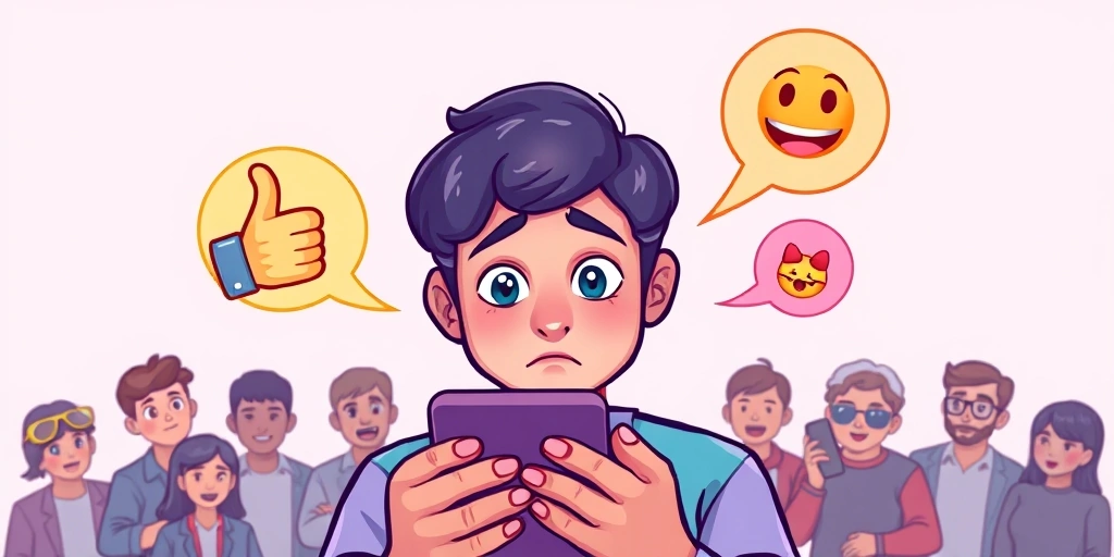 A person confused by emoji meanings on their phone, with thought bubbles showing multiple possible interpretations for a single emoji like a thumbs up.