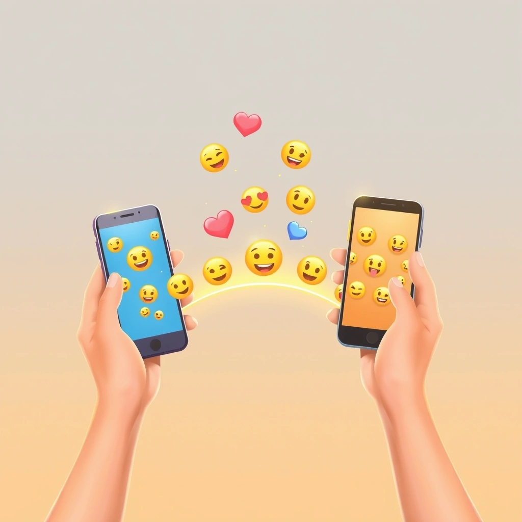 Two people connected by a stream of emojis between their phones, representing improved communication and understanding.