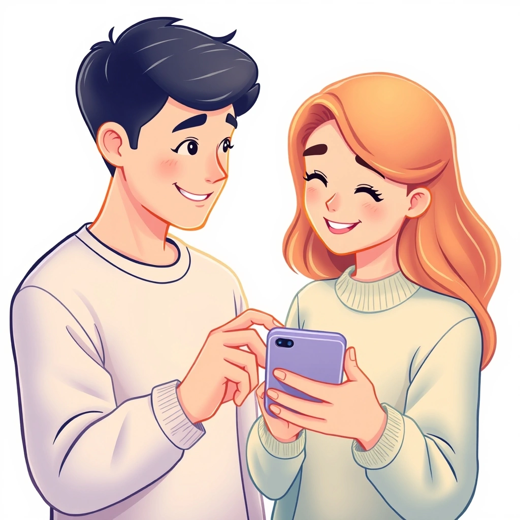 Two people sharing a moment of understanding while looking at a phone, representing clear communication and empathy.