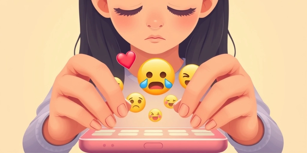 Hands hovering over a phone, contemplating an emoji response to emotional news.