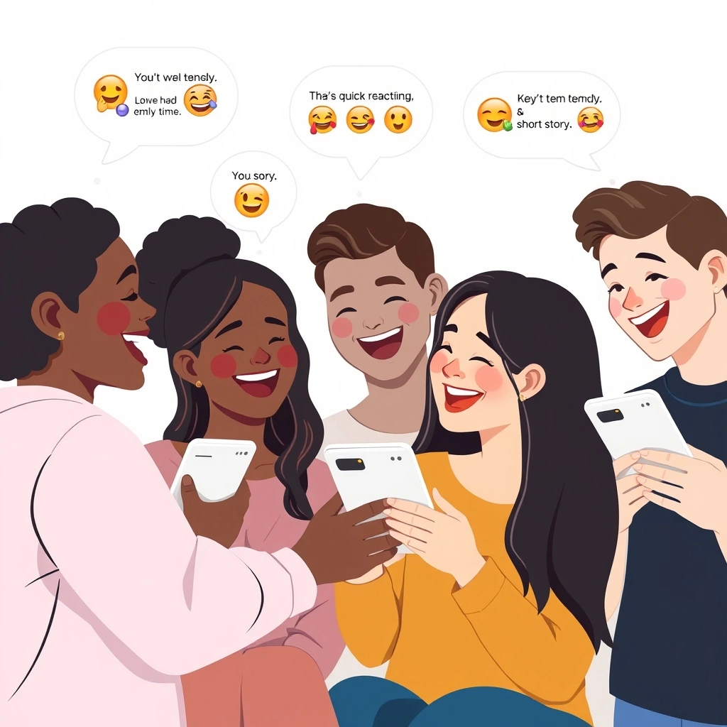 Friends interacting via text messages, using emojis to express emotions and quick ideas.