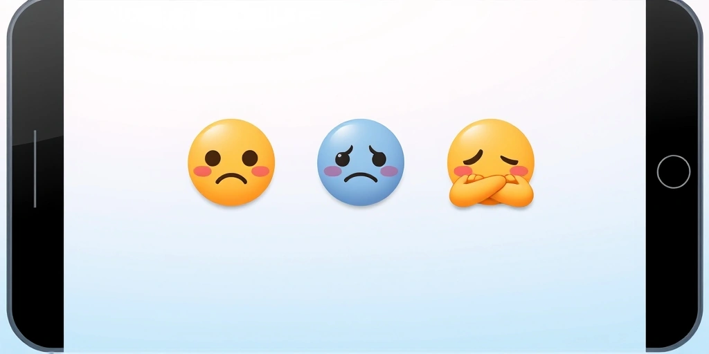 Subtle emojis like thoughtful, sad, and hug emojis creating gentle ripples in a serene digital chat, representing quiet empathy and softened emotions.