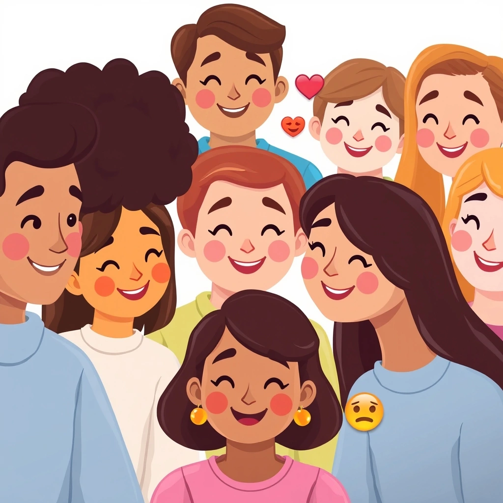A mosaic of diverse faces, each subtly expressing understanding and empathy, connected by digital lines and floating emojis, representing perceived emotions in a group chat.