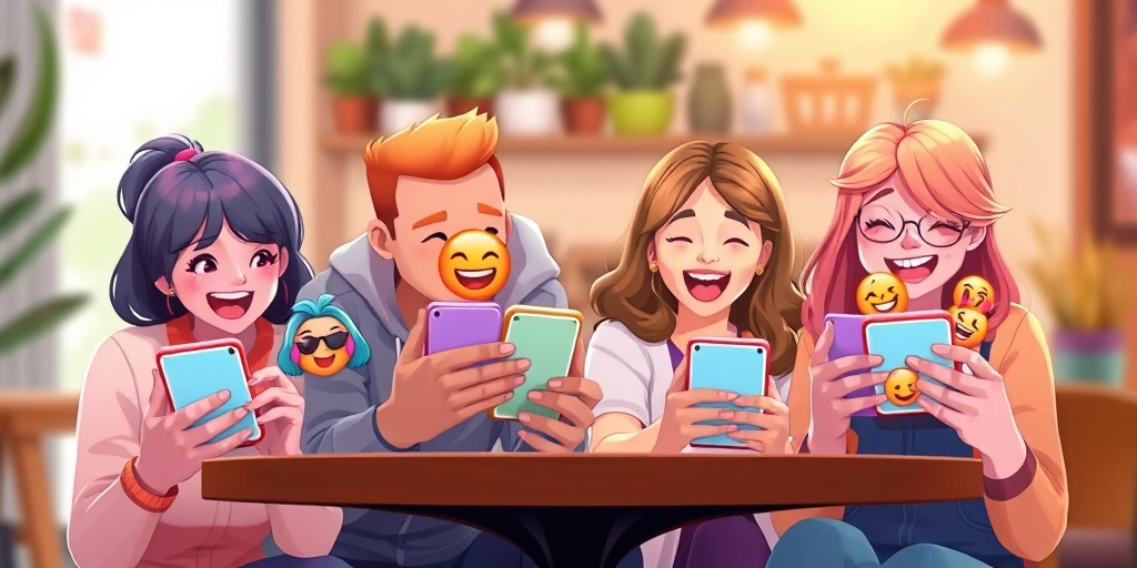 Friends in a cafe, each engrossing in their phones, communicating excitement through emojis.