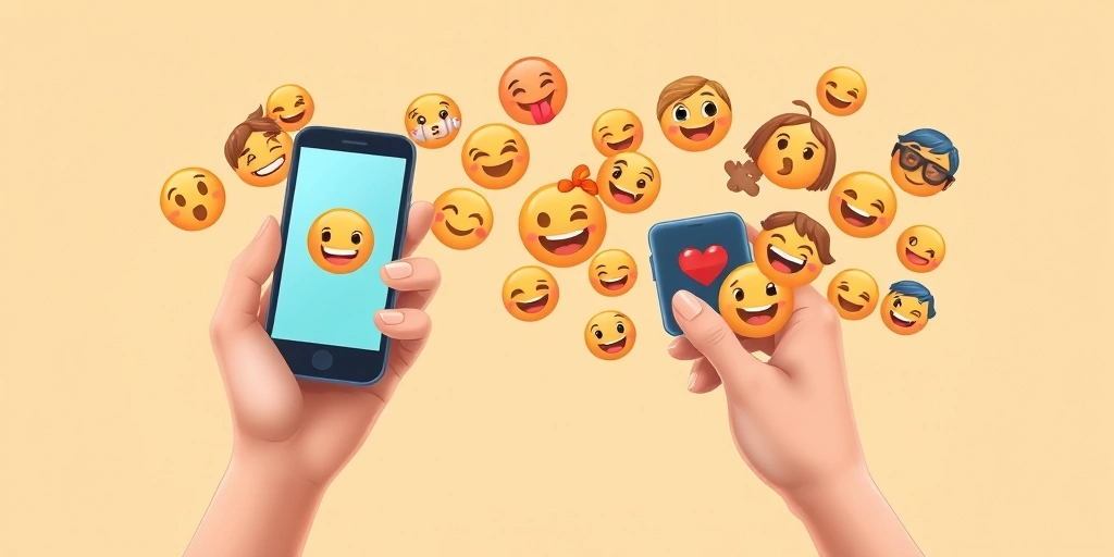 Hands holding phones, surrounded by a cloud of colorful emojis, representing joyful and connected digital conversations.