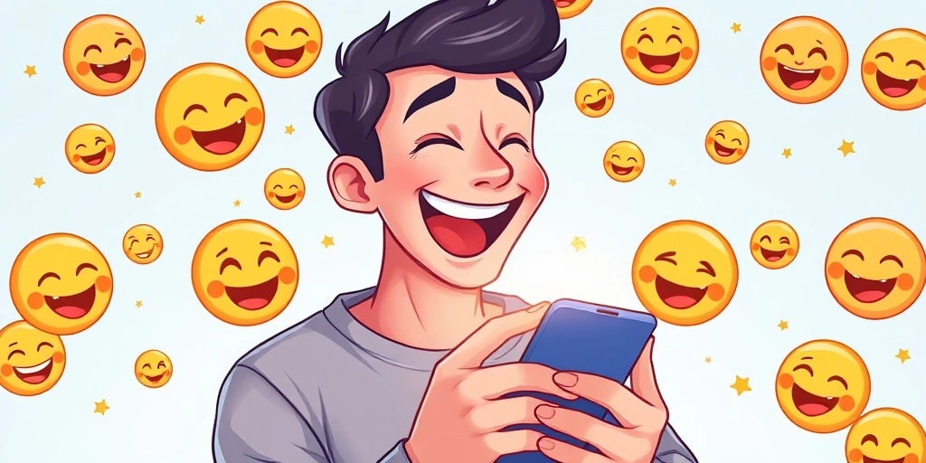 Person smiling and laughing while texting on phone with emojis