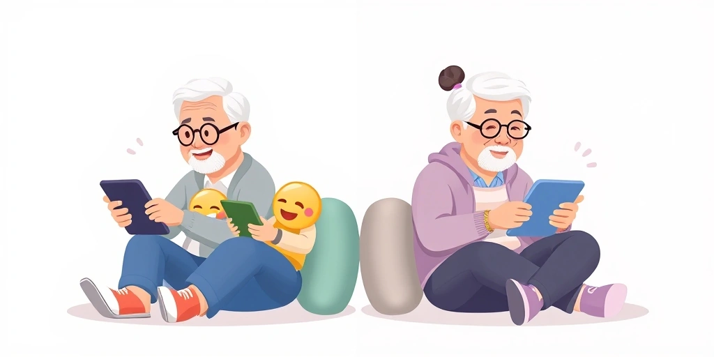 A split screen image illustrating different emoji usage: one side shows a younger person's phone with modern, ironic emojis, the other an older person's phone with more traditional emojis.