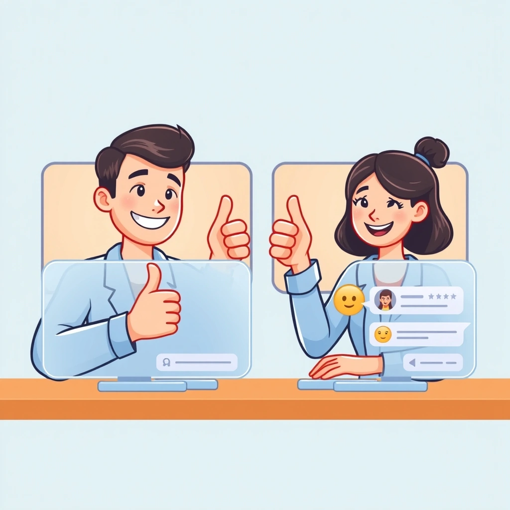 Colleagues in a virtual meeting giving thumbs-up, with a rocket emoji visible on a chat, symbolizing efficiency.