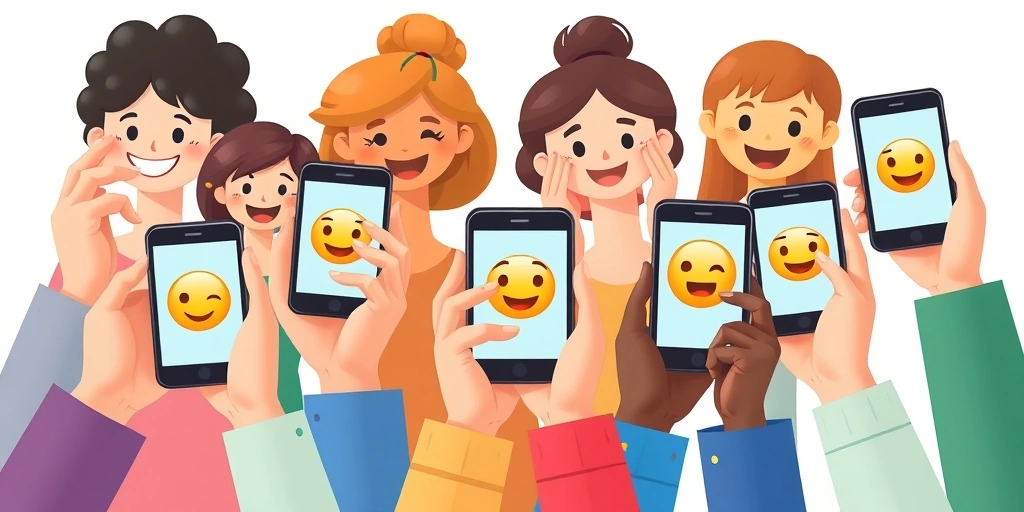 Diverse hands holding phones, displaying emojis like hugging face to show empathy and connection in online interactions.