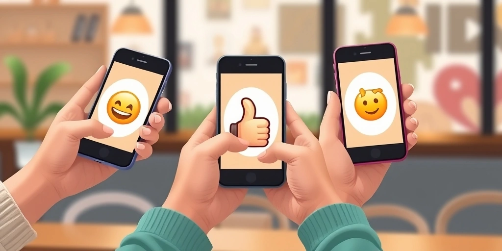 Close-up of hands texting with emojis, conveying warmth and connection in digital communication.
