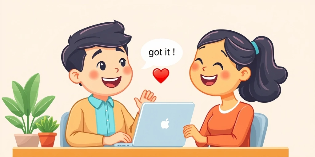 Two people having a clear, emoji-enhanced text conversation in an office