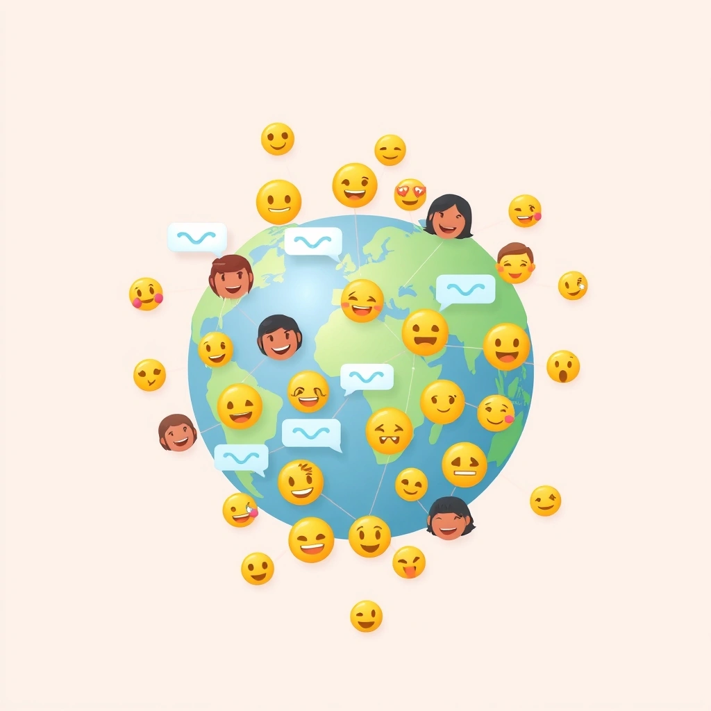 Global digital communication with diverse emojis bridging cultural and language barriers.