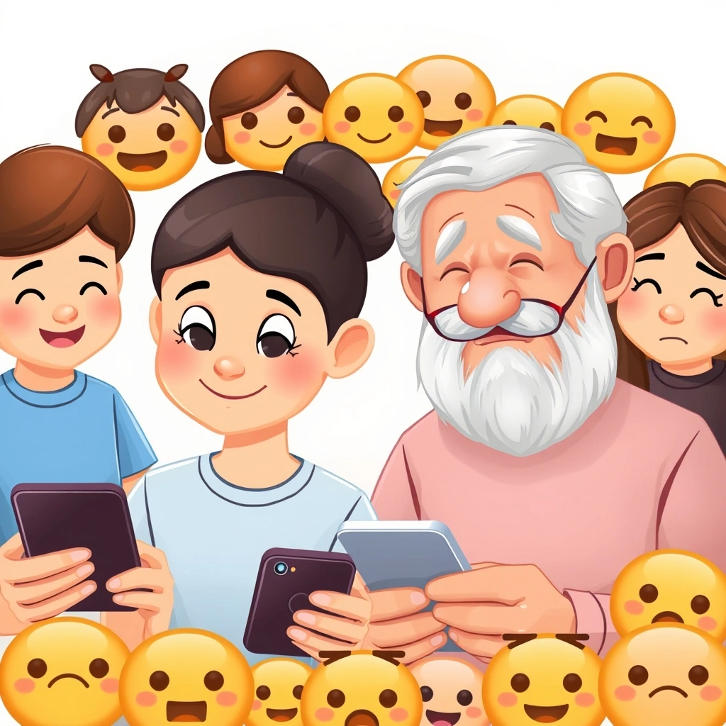 Generational divide in emoji understanding, with younger users looking engaged and older users appearing thoughtful or confused while using phones.