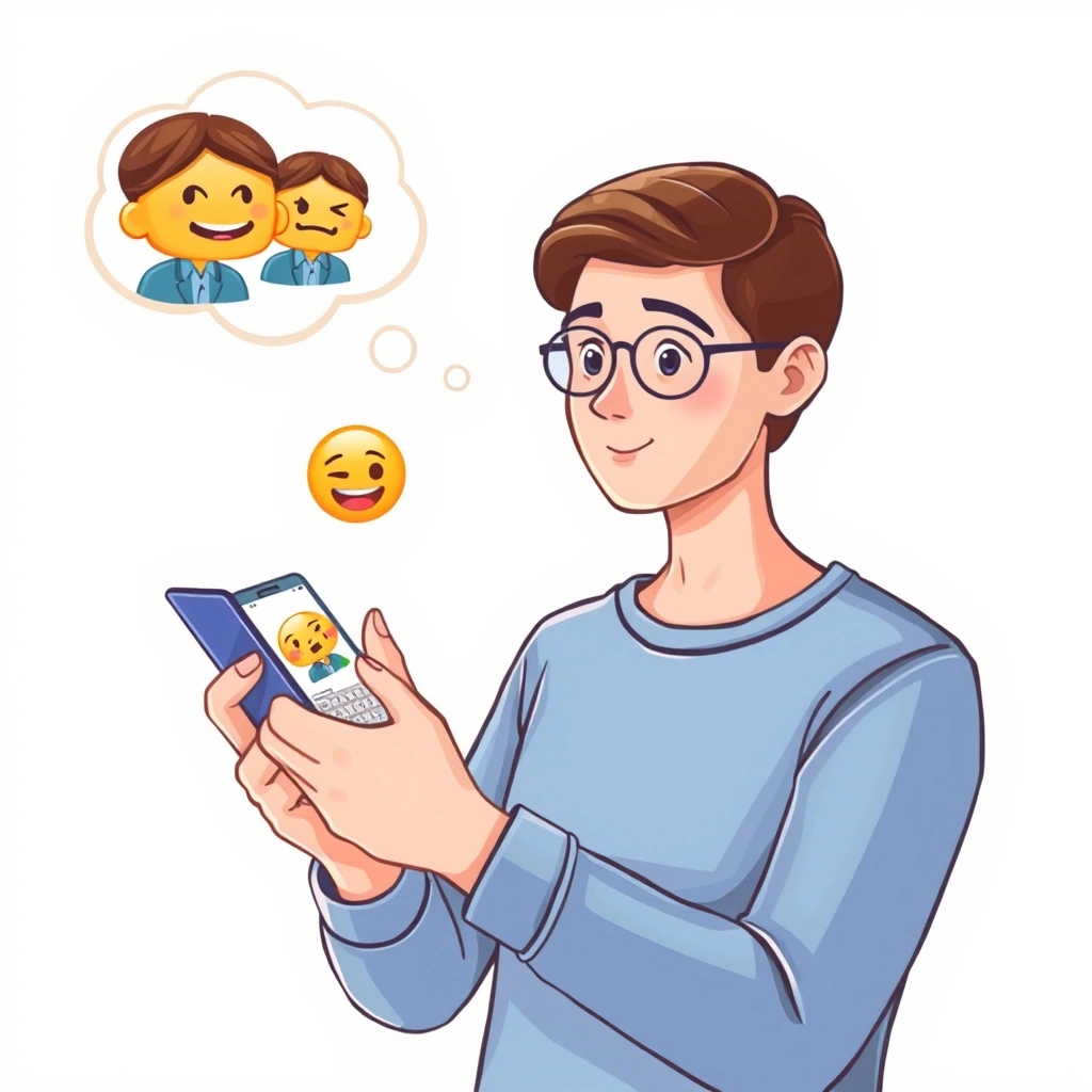 A thoughtful person looking at their phone, considering which emoji to use in a group chat, illustrating the careful selection process to convey subtle indirectness or playful sarcasm.