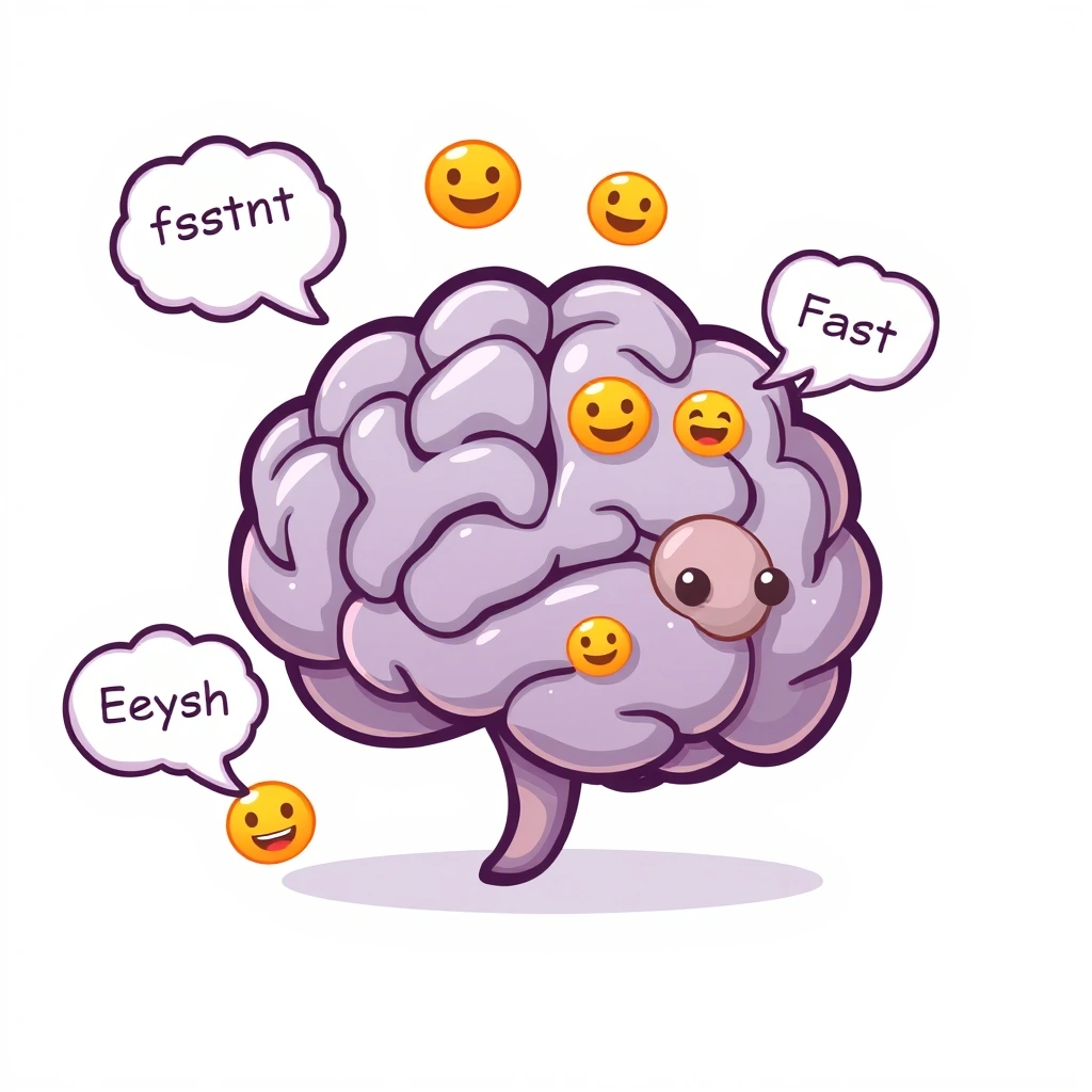 Graphic depicting a brain processing emojis faster than text, illustrating cognitive efficiency.