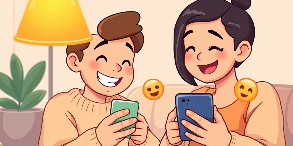 A smiling person looking at their phone, feeling happy and understood by a quick emoji reply, with a warm, friendly atmosphere.