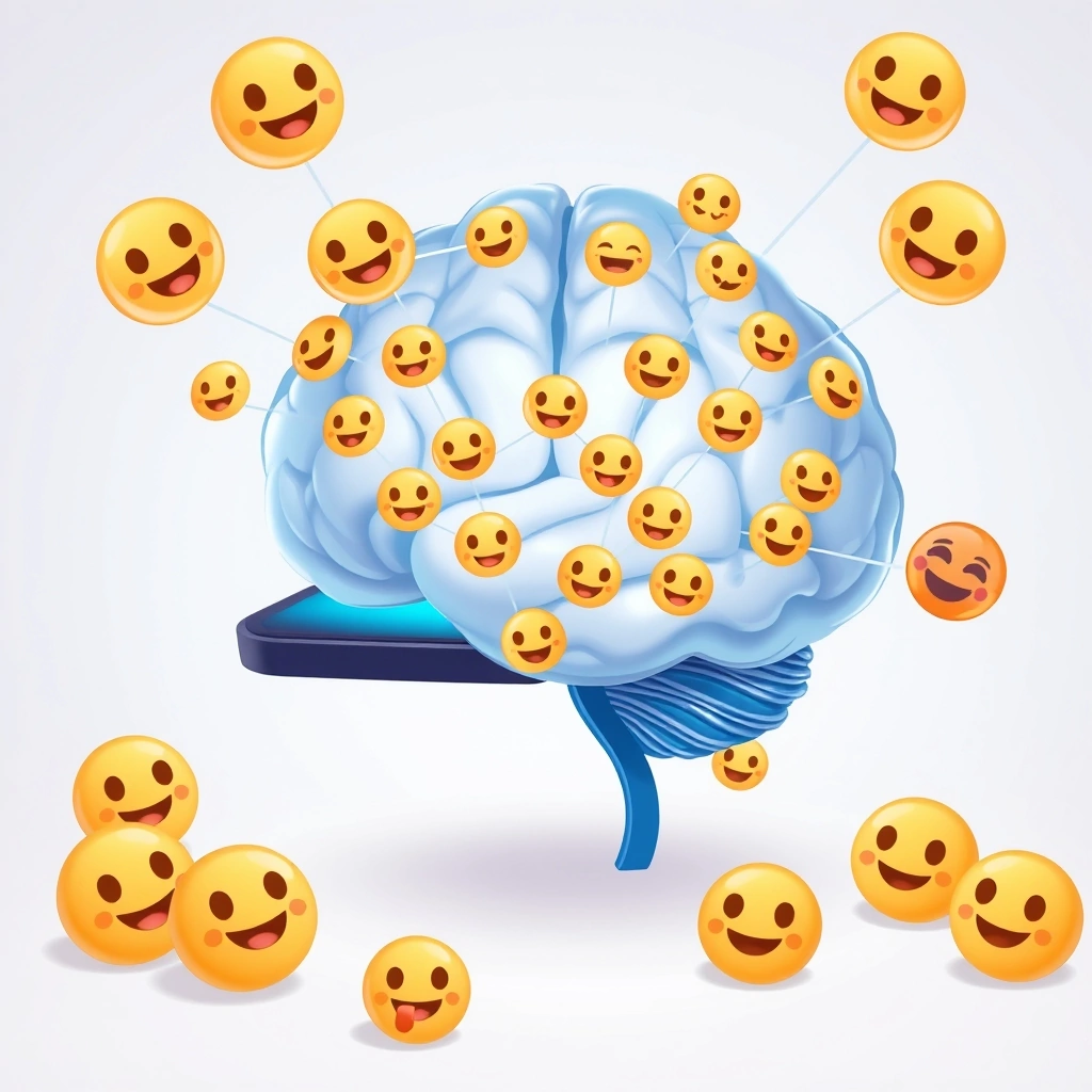 A brain processing emojis, illustrating the subconscious neurological impact of these digital symbols on emotional understanding.