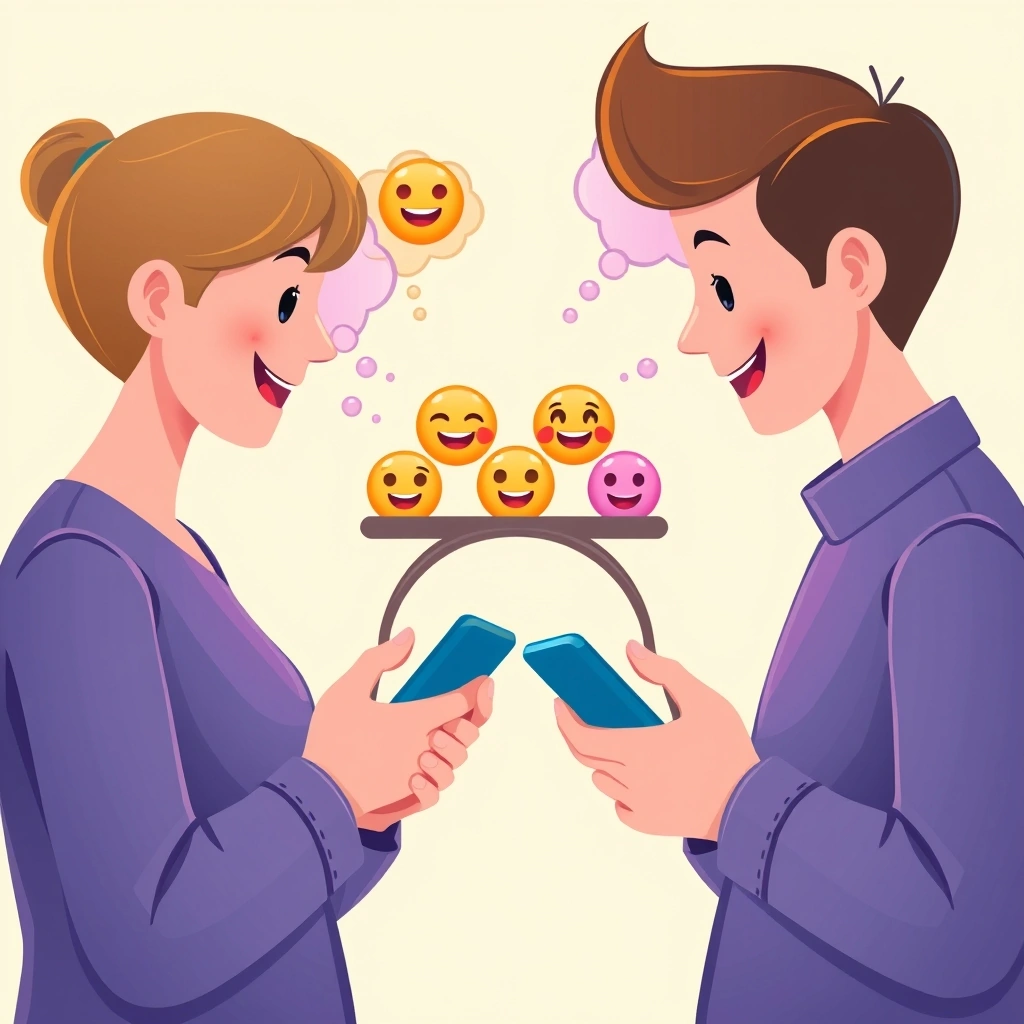 Two individuals connected by a bridge of emojis, depicting how emojis streamline thoughts and foster emotional understanding in digital communication.