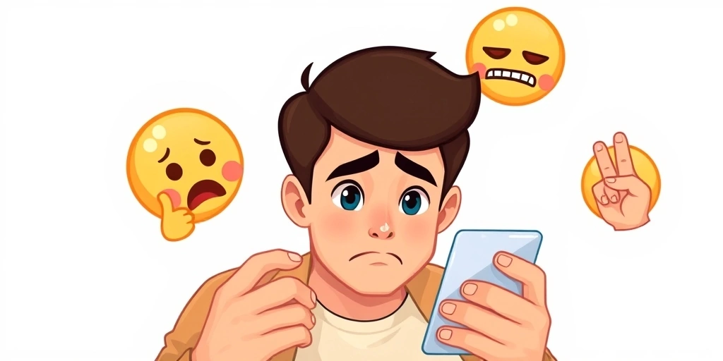 A person looking at a phone with anticipation, surrounded by emojis like a thinking face and crossed fingers.