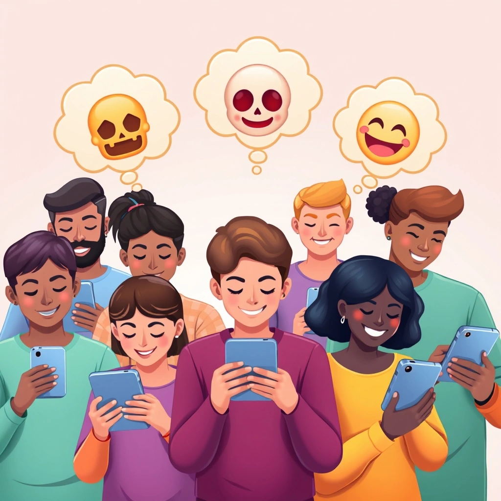 People using phones, showing how emoji meanings evolve with internet culture and shared online trends.