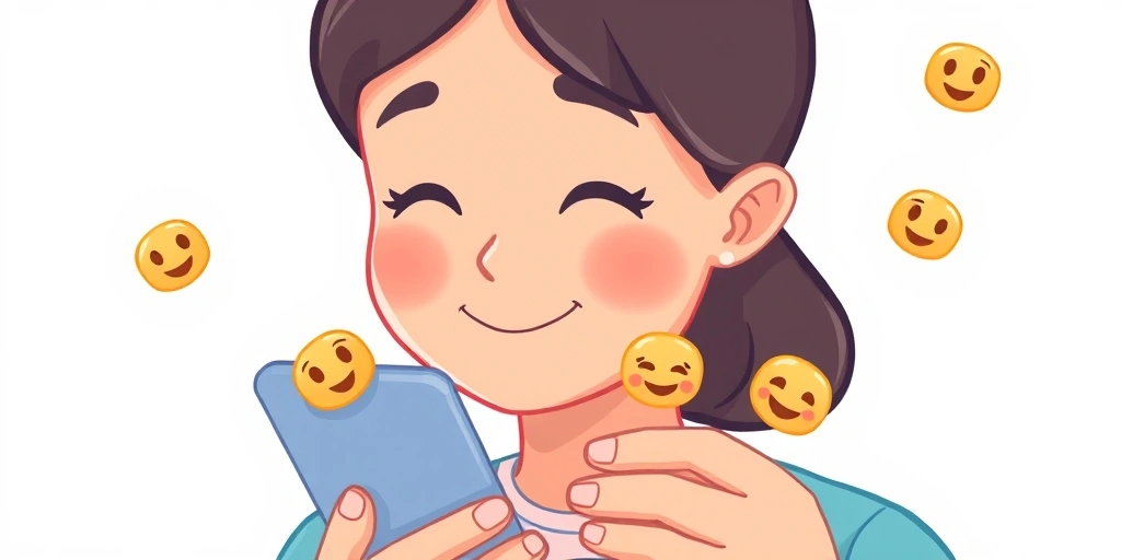 A person smiling while reading a message with emojis, emphasizing connection.