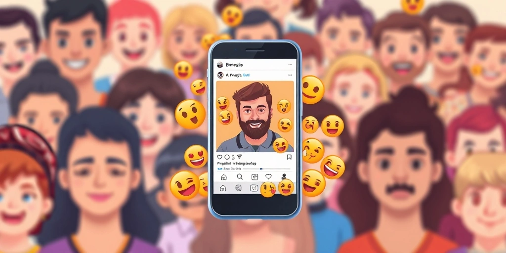 An influencer's post on a smartphone screen, rich with emojis, with a blurred background of diverse audience faces showing individual emoji reactions, illustrating the powerful influence of emojis on public perception.