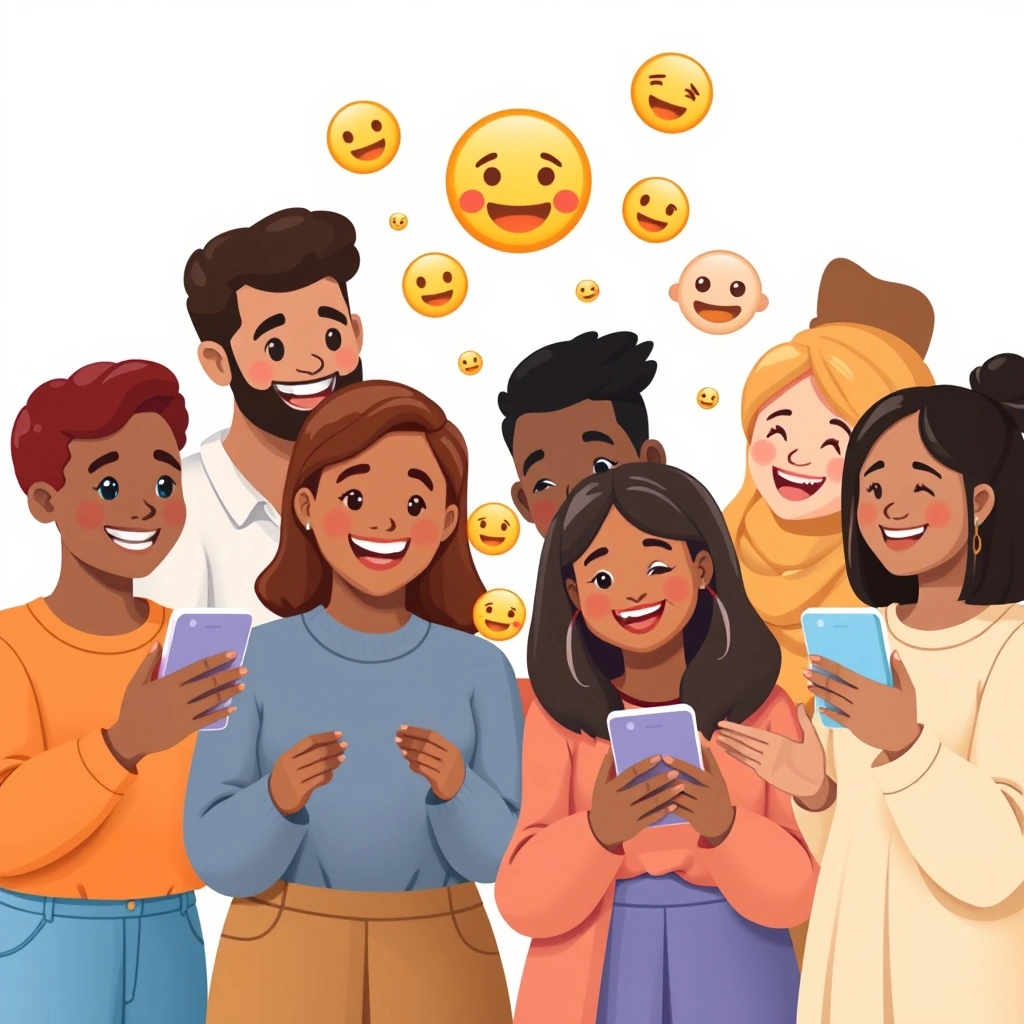 Diverse people communicating with emojis, showing global connection and empathy.