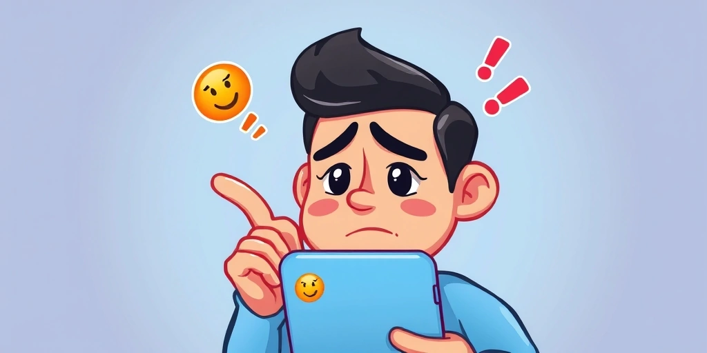 Confused person staring at a phone, misinterpreting an emoji in a text message.