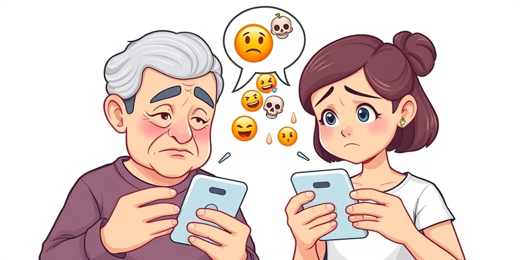 Generational and cultural emoji misunderstanding, with people looking confused by ambiguous emojis on their phones.