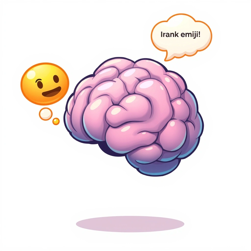 A brain processing digital messages, with one path leading to clear understanding via emojis and another to confusion without them.