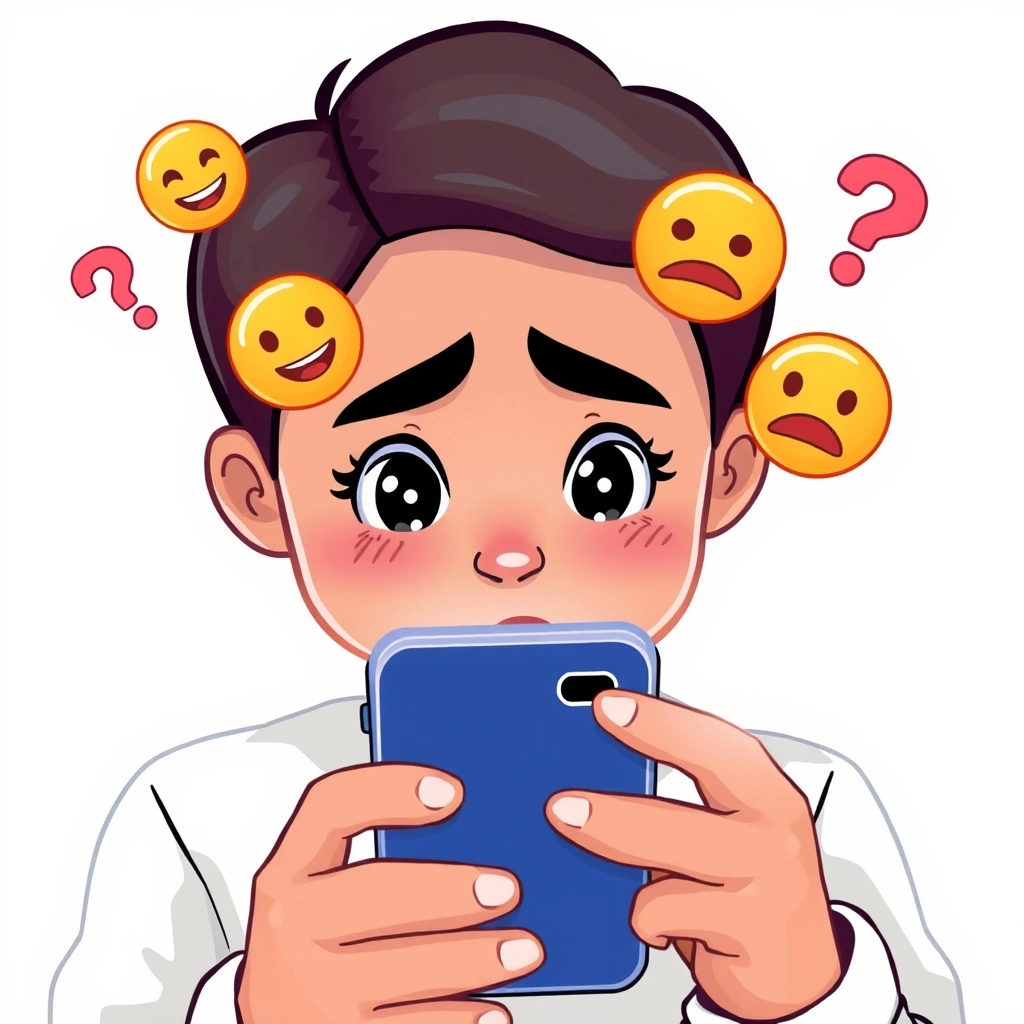 Confused person trying to interpret a text message with ambiguous emojis
