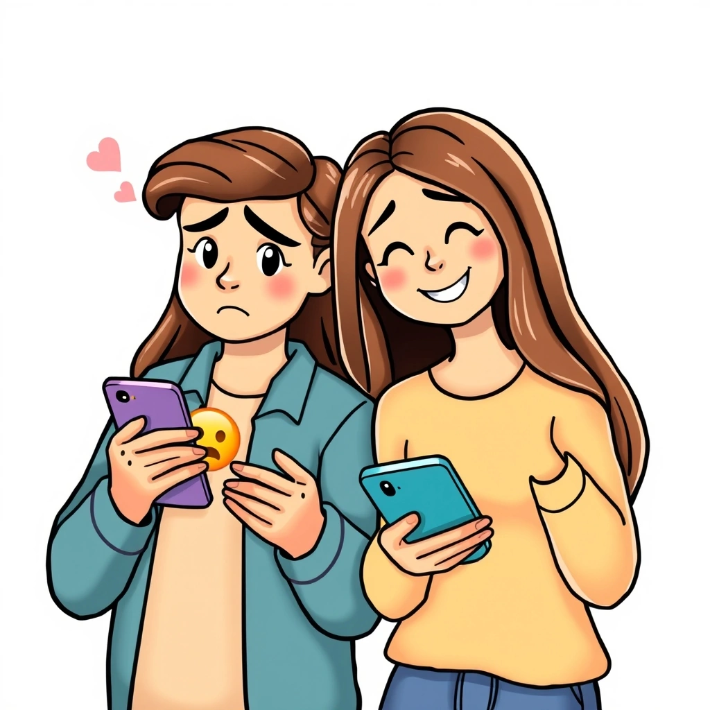 A person looking confused at a thumbs-up emoji on their phone, while another person smiles, texting back.