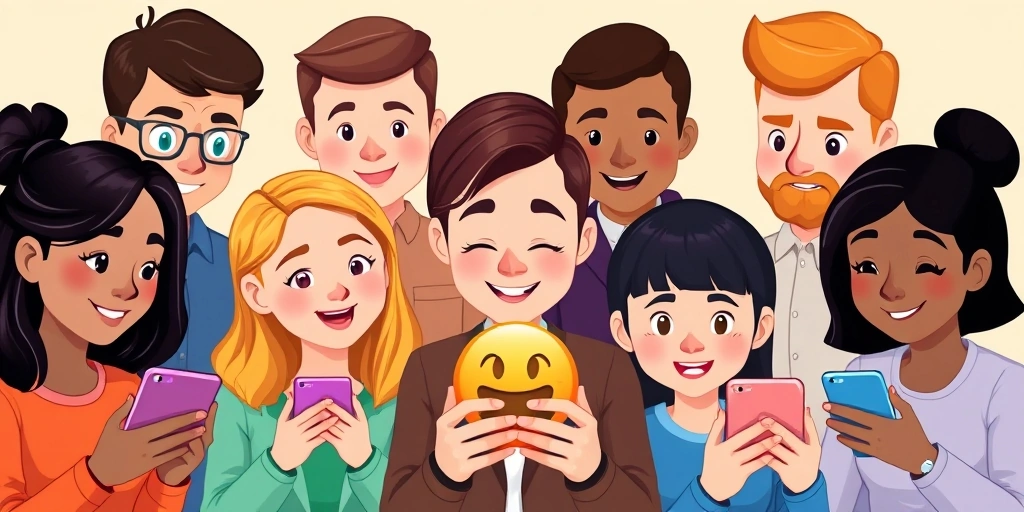 Diverse group of people reacting differently to the same emoji on their phones, showing varied interpretations.