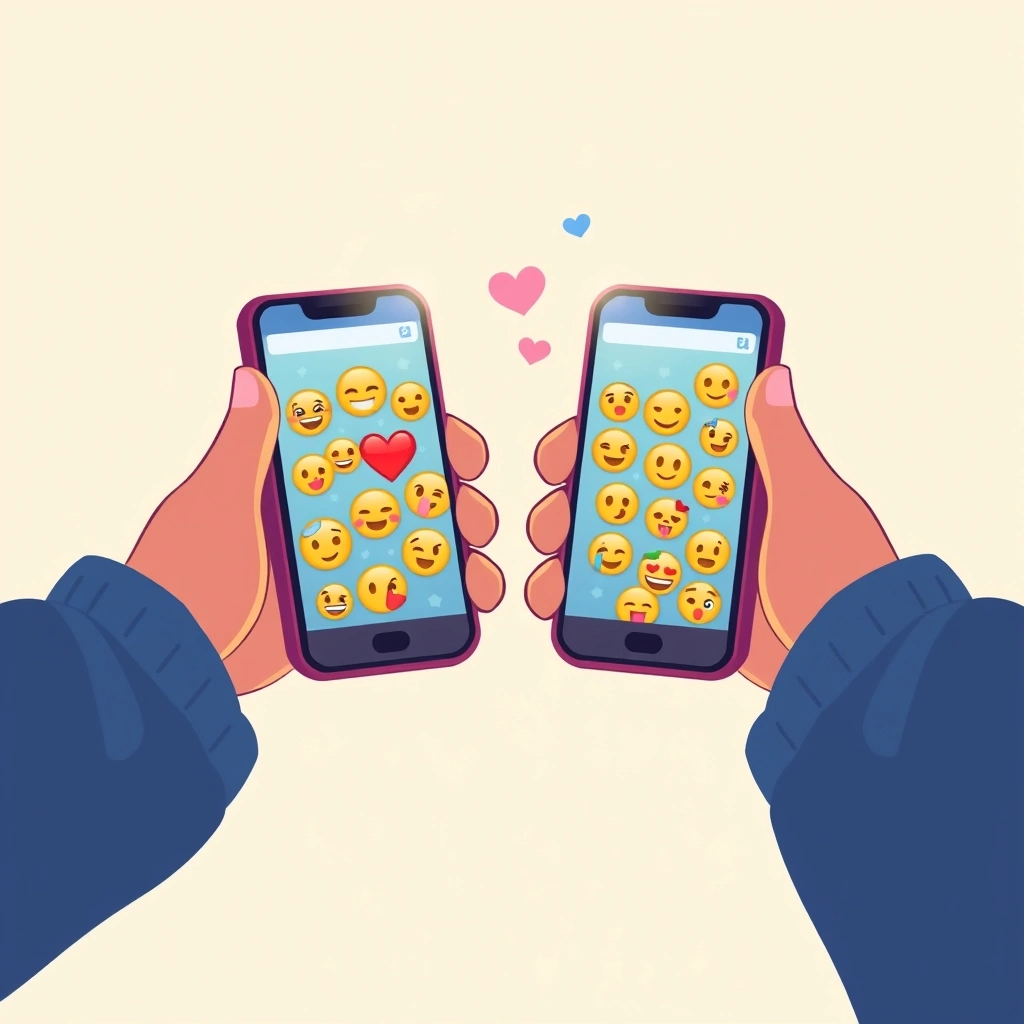 Two hands holding smartphones showing an emoji-rich chat, with connecting lines symbolizing enhanced emotional clarity and bond.