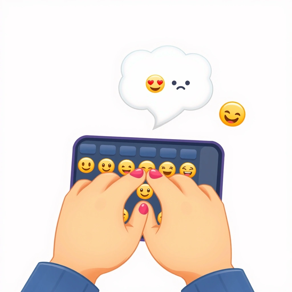 Person using a smartphone, instinctively choosing an emoji to express a feeling in a digital conversation.