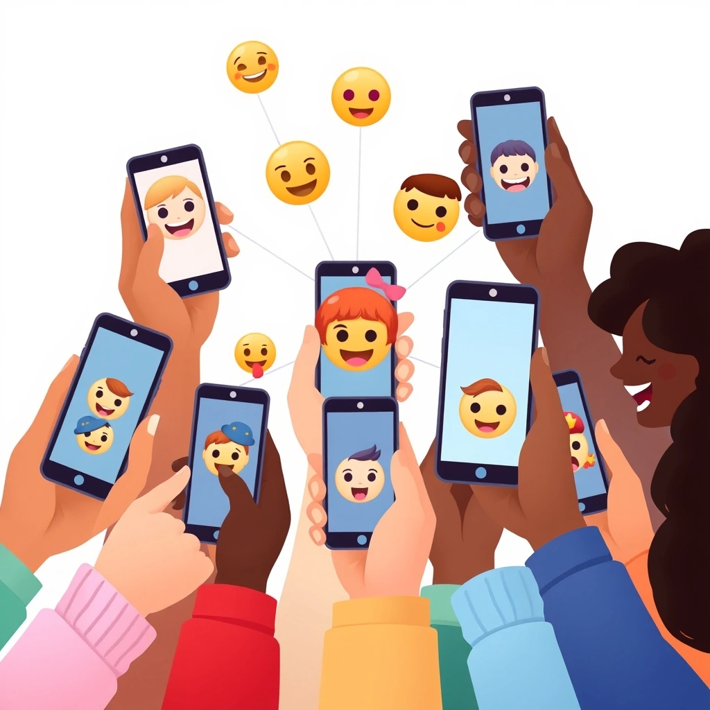 Hands holding phones displaying diverse emojis, symbolizing online community and shared emotional responses.