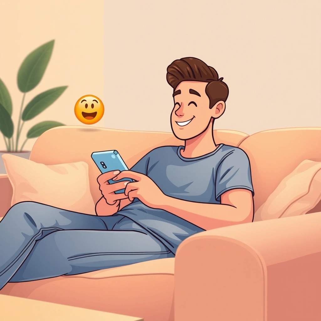 Person sending a quick emoji reply from a cozy couch Person sending a quick emoji reply from a cozy couch