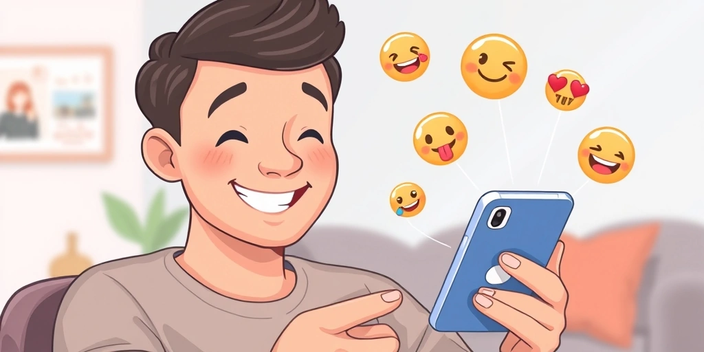 A person happily texting, surrounded by floating emoji combinations, symbolizing clear and quick communication.