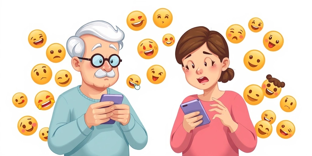Two people from different generations looking at their phones, surrounded by floating emojis, depicting a communication gap caused by evolving emoji meanings.
