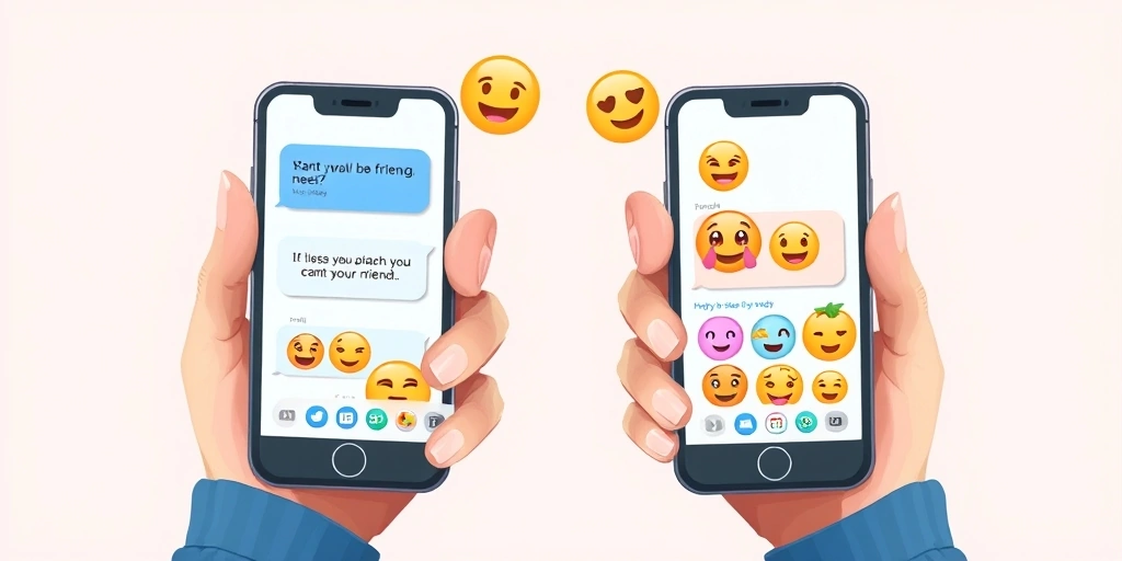 Two hands interacting with smartphones, displaying a vibrant emoji-filled text exchange that shows strong connection.
