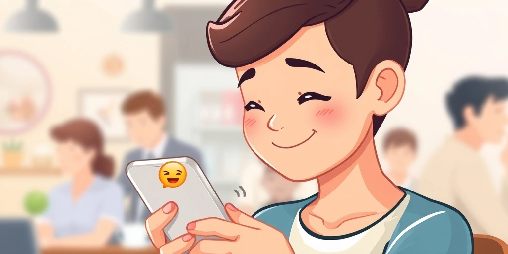 A person smiling at their phone, receiving a caring emoji check-in.