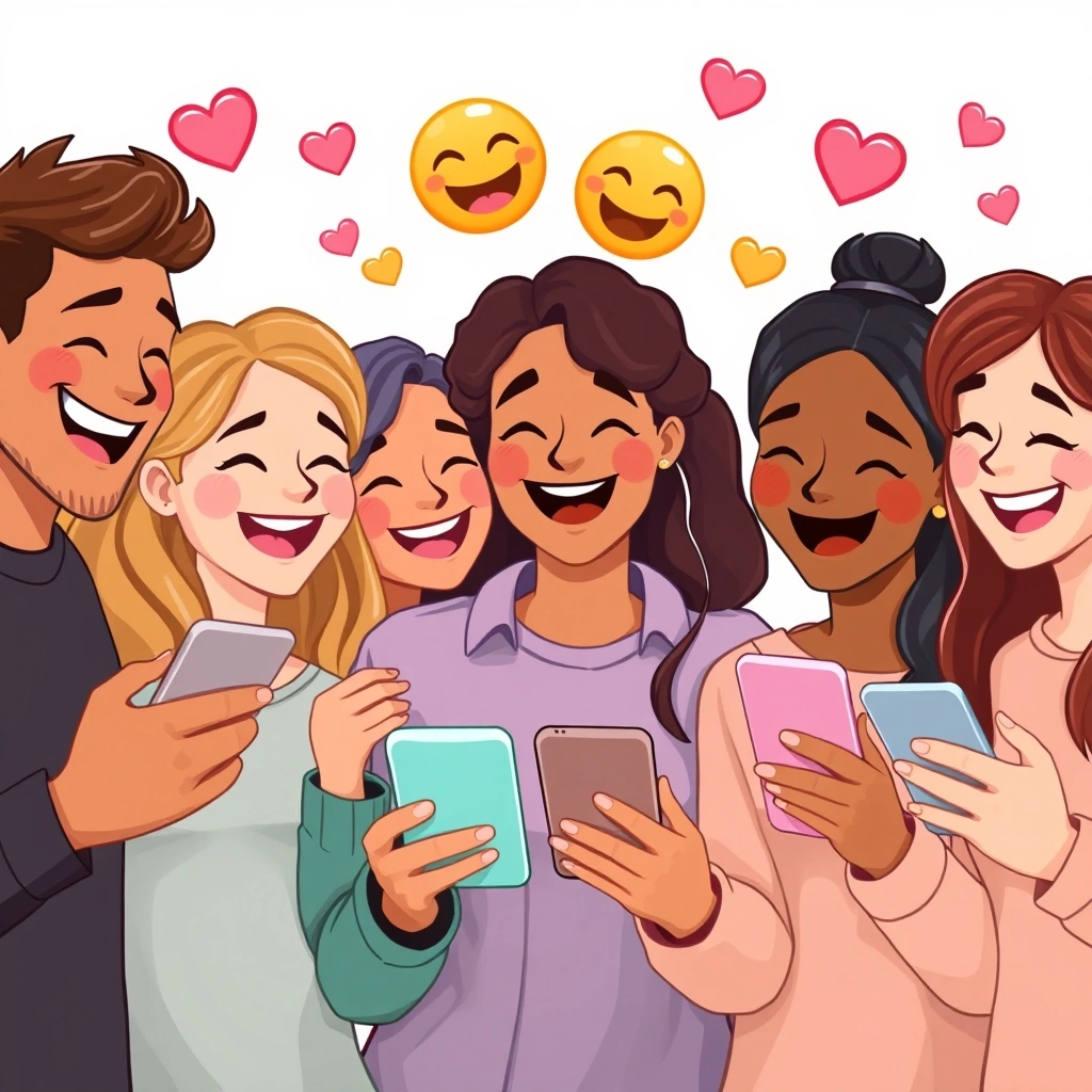 Friends sharing a laugh, with emojis representing their joyful conversation.