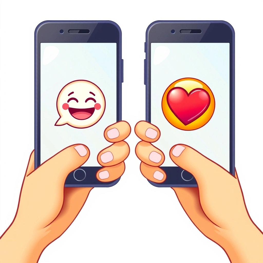 Two phones facing each other, showing a conversation with laughing and heart emojis.