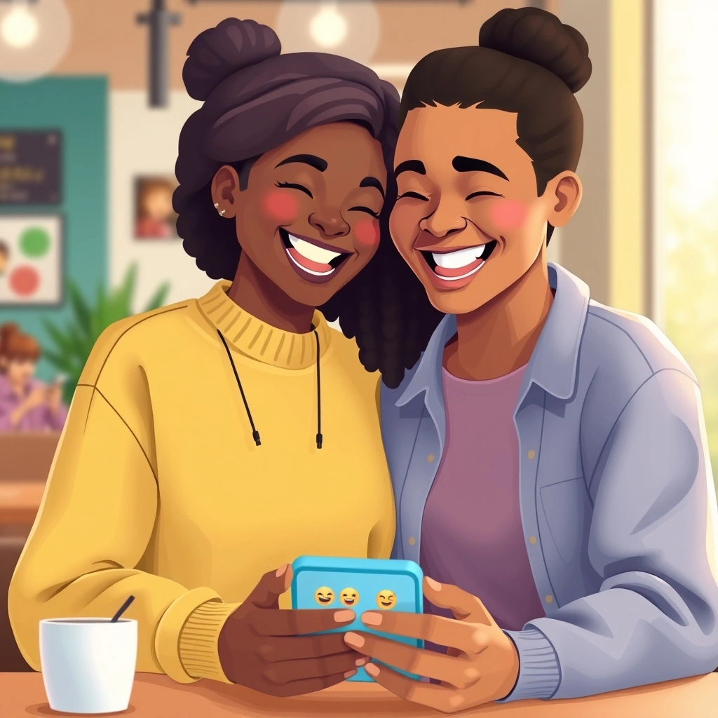 Two friends sharing a private joke over a smartphone, with emojis visible, illustrating genuine connection.