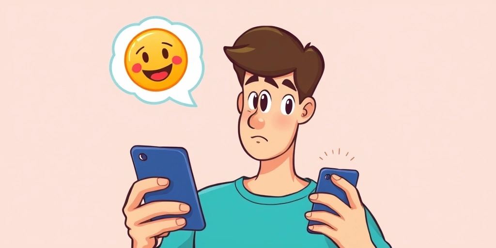A person thoughtfully typing on their phone, with an emoji appearing as an unspoken thought, showing initial emotional response.