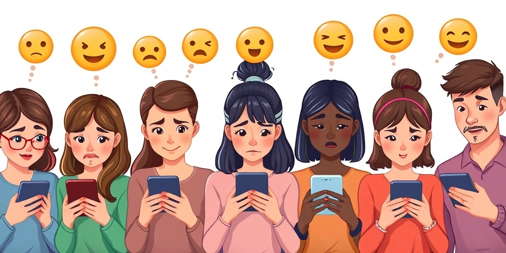 A group of people on their phones, each with a different emoji floating near them, showing how one message can be interpreted in multiple ways.
