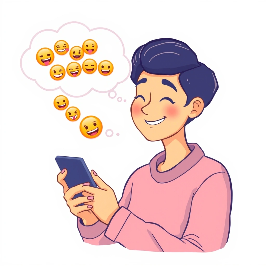 Person happily texting in a conversation filled with emojis