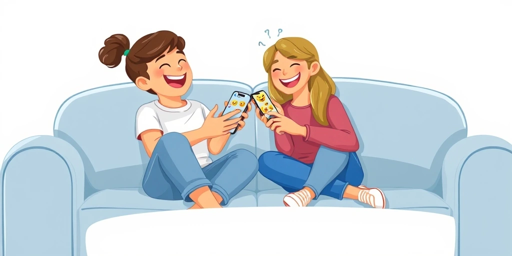 Two friends sharing a laugh over a phone conversation filled with relieved emojis.